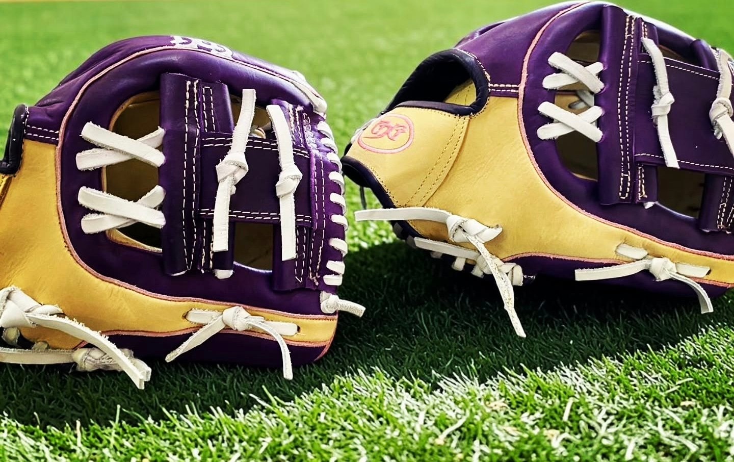 Purple and gold GJG gloves